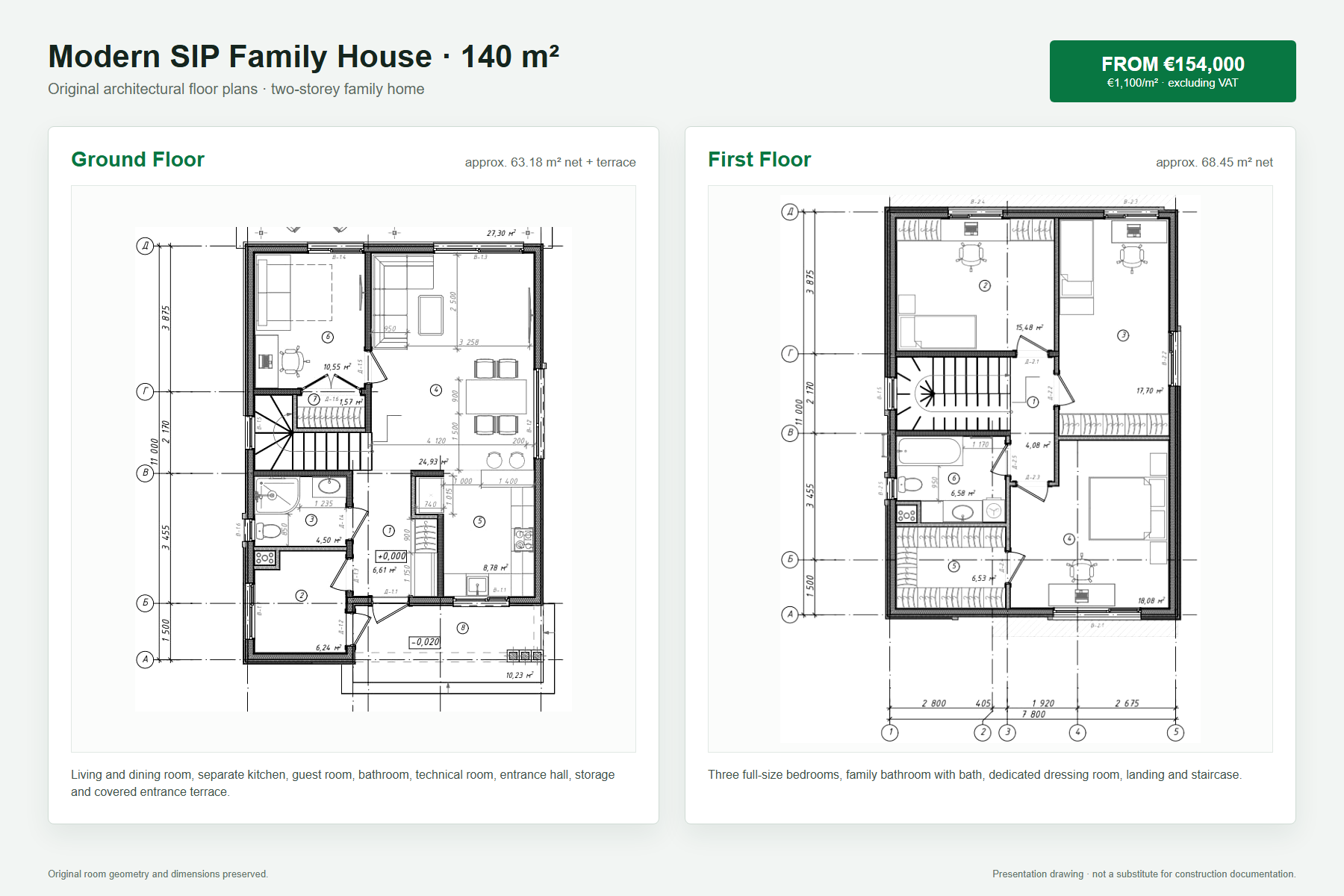 Original ground-floor and first-floor plans for the 140 square metre Modern SIP Family House