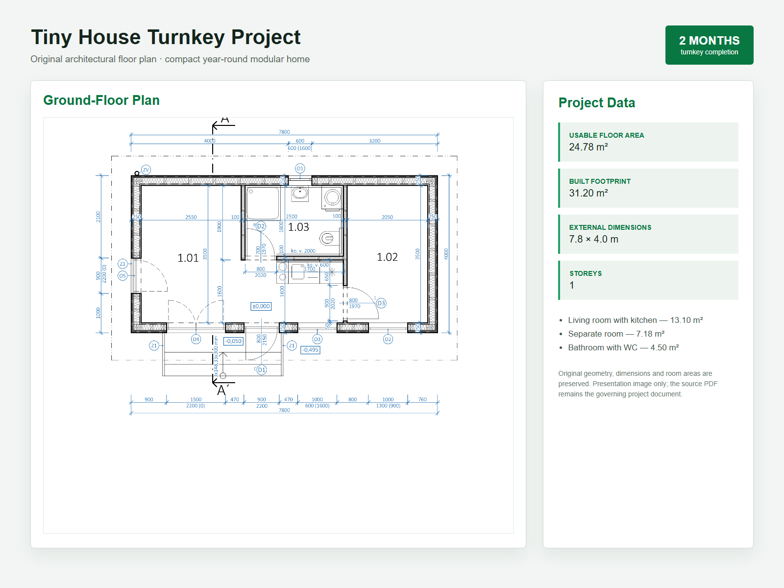 Original architectural floor plan for the 24.78 square metre Tiny House